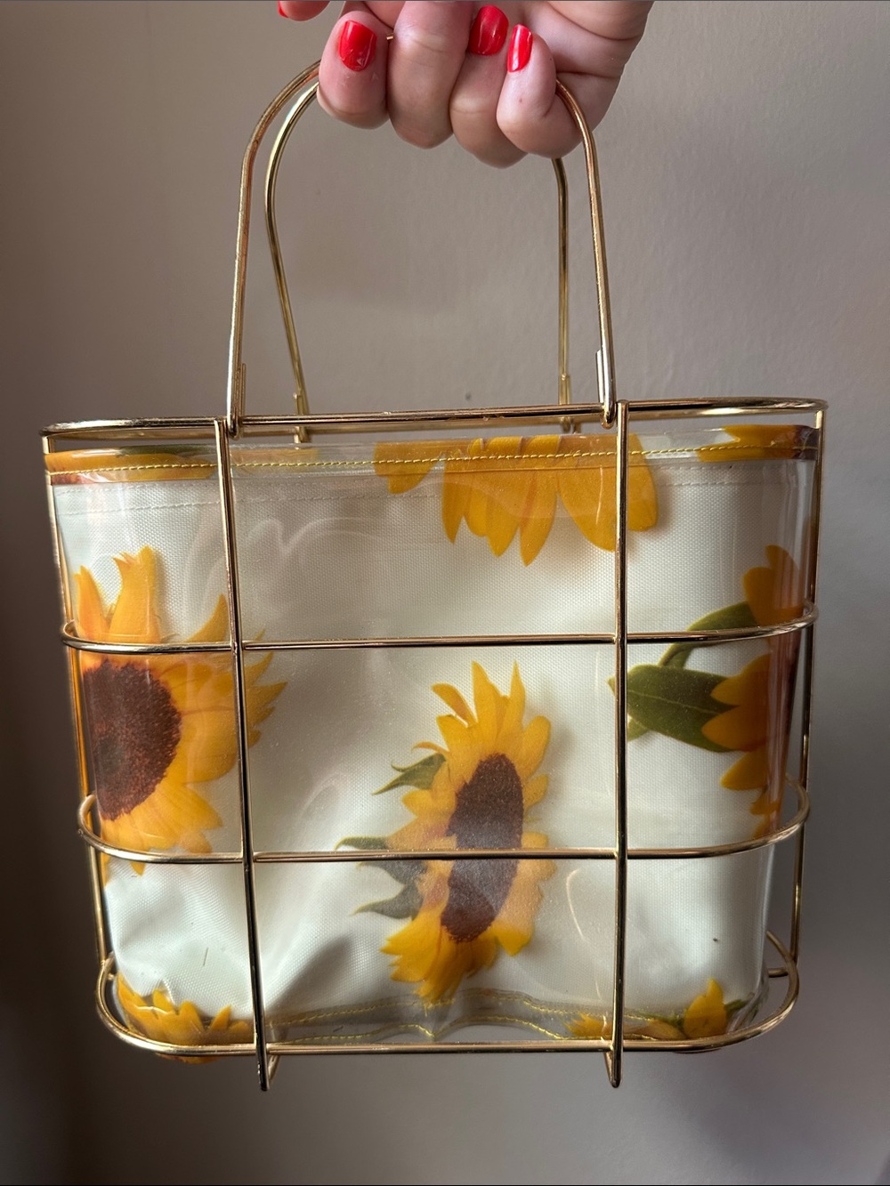 1960s cage purse - Sunflower Print Gold Wire basket small handbag